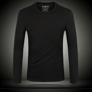 黑色t恤男士长袖 春秋季潮牌潮流纯色内搭修身圆领体恤打底衫衣服