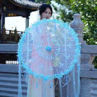 仙气珠链珍珠流苏花瓣油纸伞拍照马面裙道具伞儿童成人走秀古风伞
