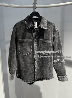 思莱德SELECTED春秋季男士复古潮流行做旧水洗黑灰牛仔衬衫外套