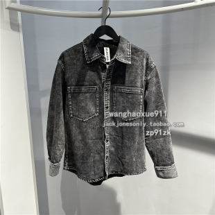 思莱德SELECTED春秋季男士复古潮流行做旧水洗黑灰牛仔衬衫外套