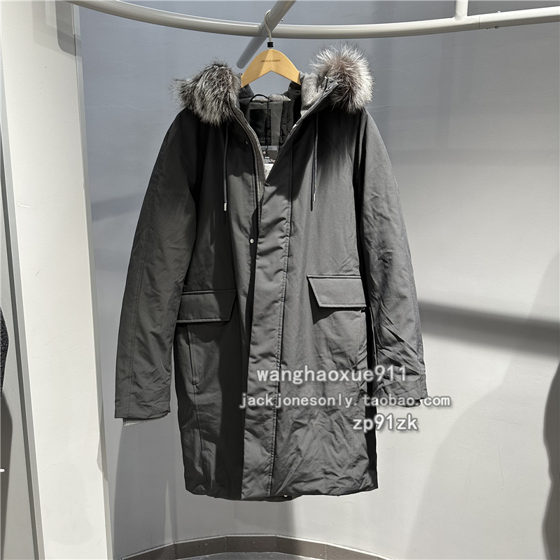 男士狐狸毛中长款连帽羽绒服商务