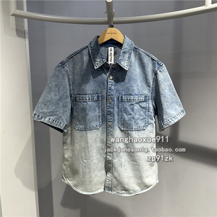 思莱德SELECTED春夏季男士休闲水洗渐变落肩短袖凉感牛仔衬衫外套