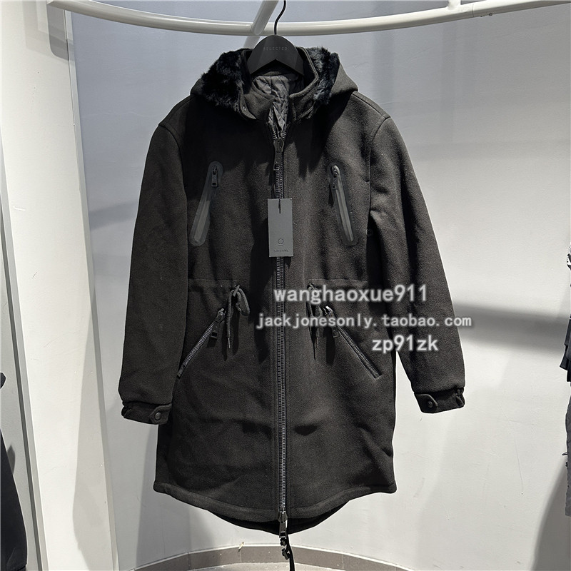 GATEONE冬季男士法国时尚潮牌连帽獭兔毛领中长款加棉大衣服外套