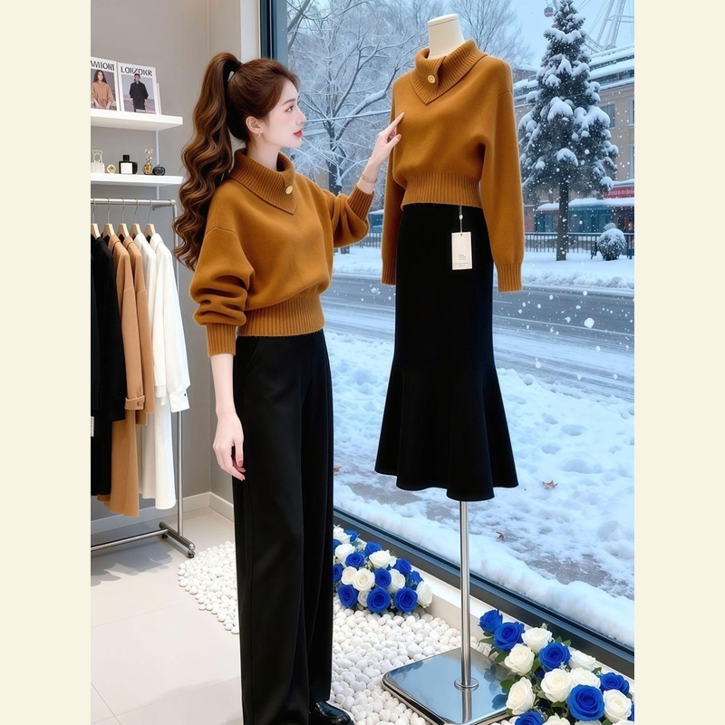 设计感高领套头针织衫女秋冬修身显瘦橘色百搭毛衣上衣