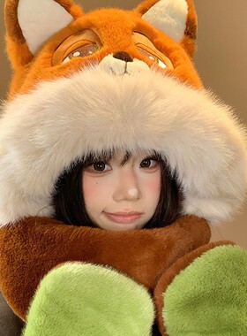 迪士尼疯狂动物城兔子朱迪火狐尼克毛绒女帽子围巾手套三件套冬季