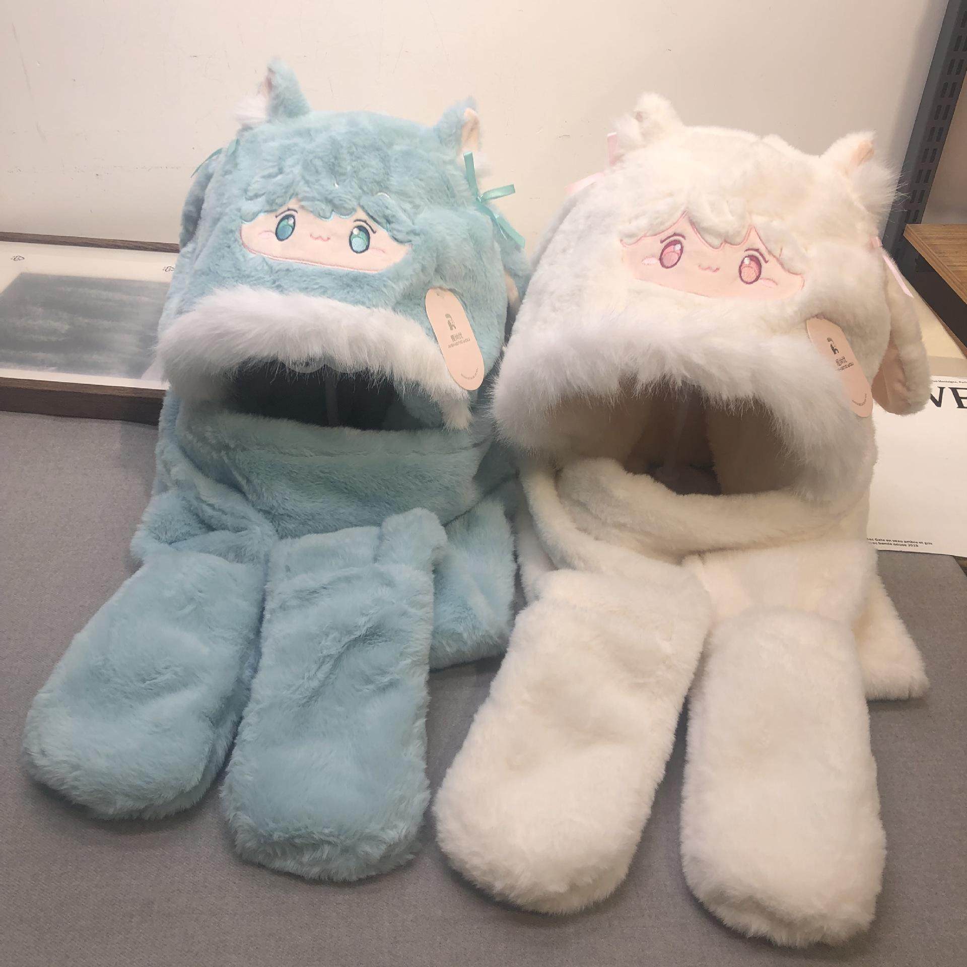 爱尚优初音三件套帽子围巾手套一体连帽冬季围脖保暖可爱毛绒加厚