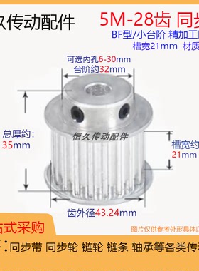 同步轮5M28齿T带凸台槽宽21 BF/K型台阶 精加工内孔 铝电机皮带轮