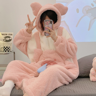 2026年新款 网红风 连体睡衣女冬天珊瑚绒加厚可爱睡袍睡裙女秋冬季