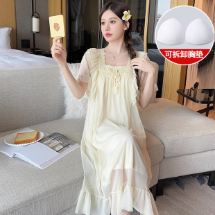 夏天家居服 带胸垫睡裙女夏季 2025新款 网纱宫廷公主风短袖 睡衣薄款