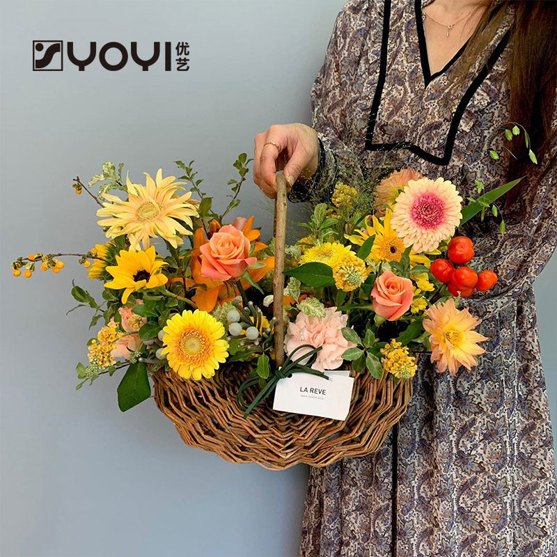 优艺 西瓜篮鲜花插花篮子柳编藤编椭圆大号花篮田园风花器干花蓝
