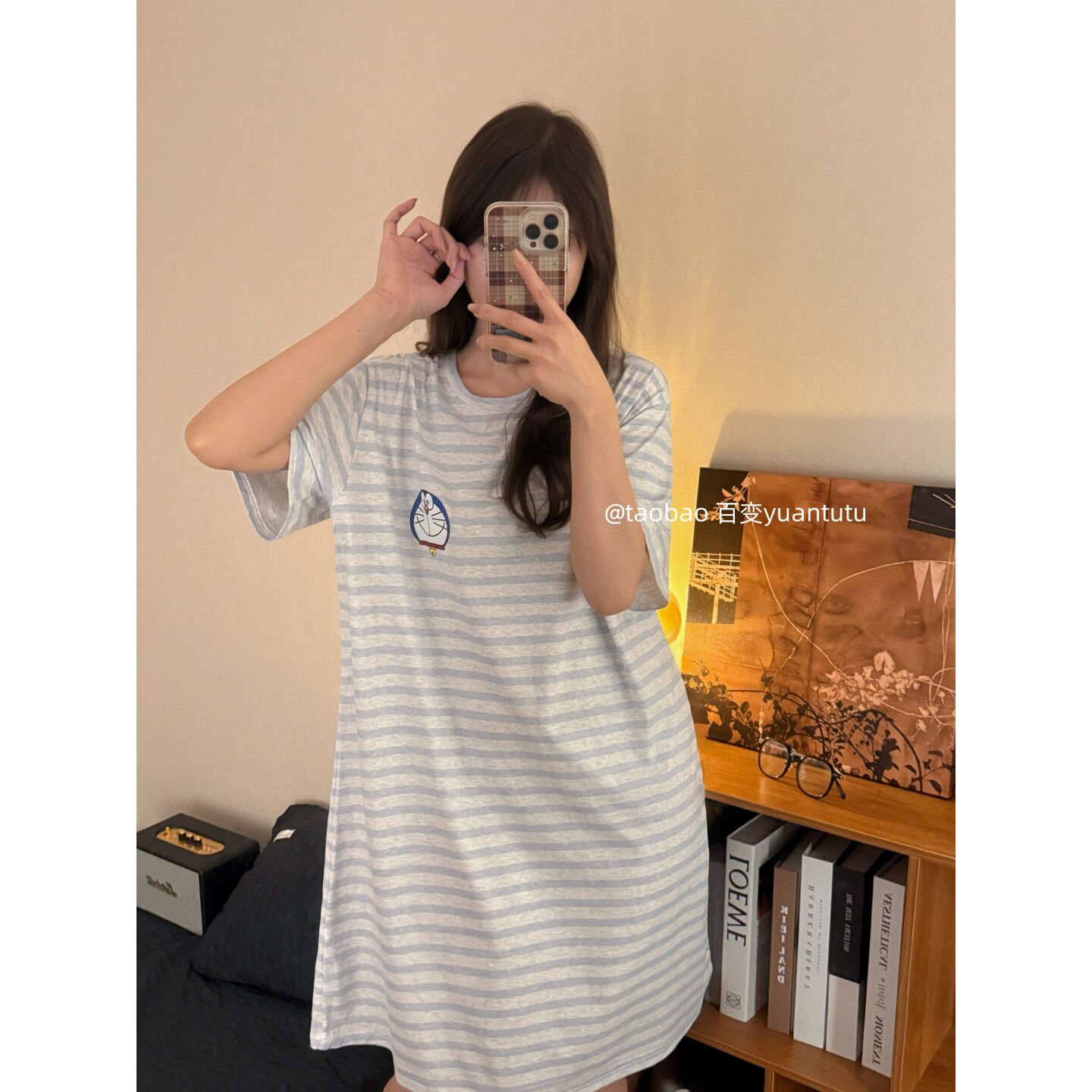 日系蓝白条纹叮当猫睡裙女纯棉夏季大码宽松舒适短袖可外穿家居服