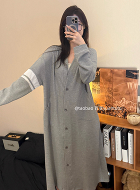 日系灰色华夫格长袖针织睡裙女纯棉秋冬季高级感可外穿开衫睡袍