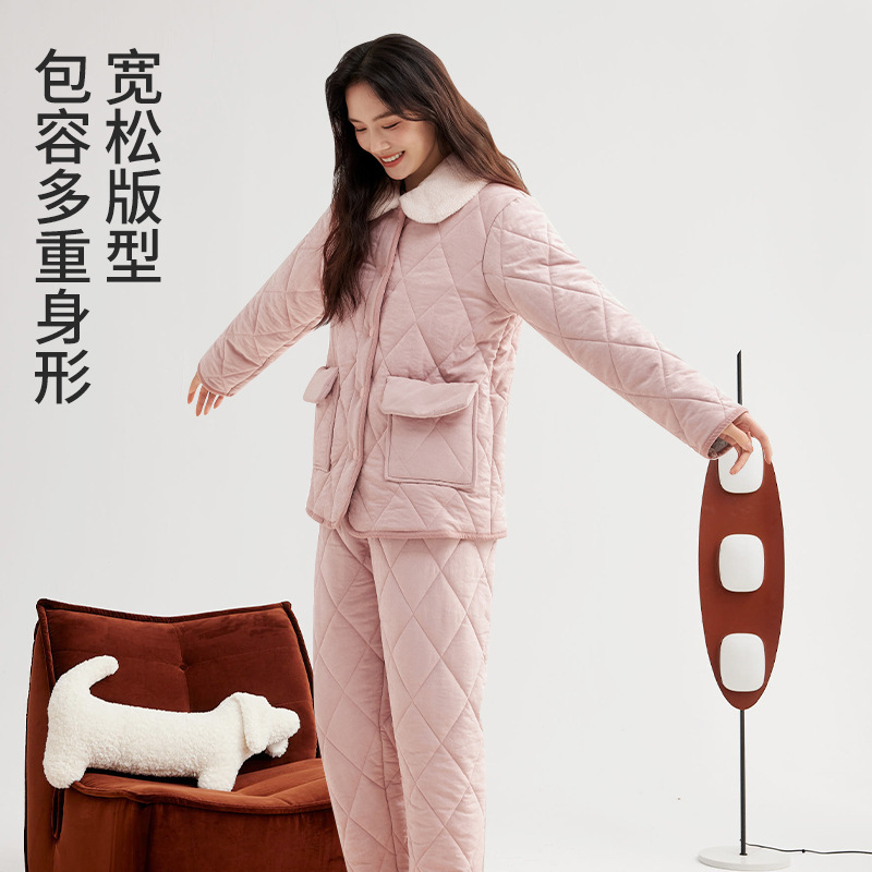 睡衣情侣冬季新加绒三层加厚女冬天居家夹棉保暖男家居服套装