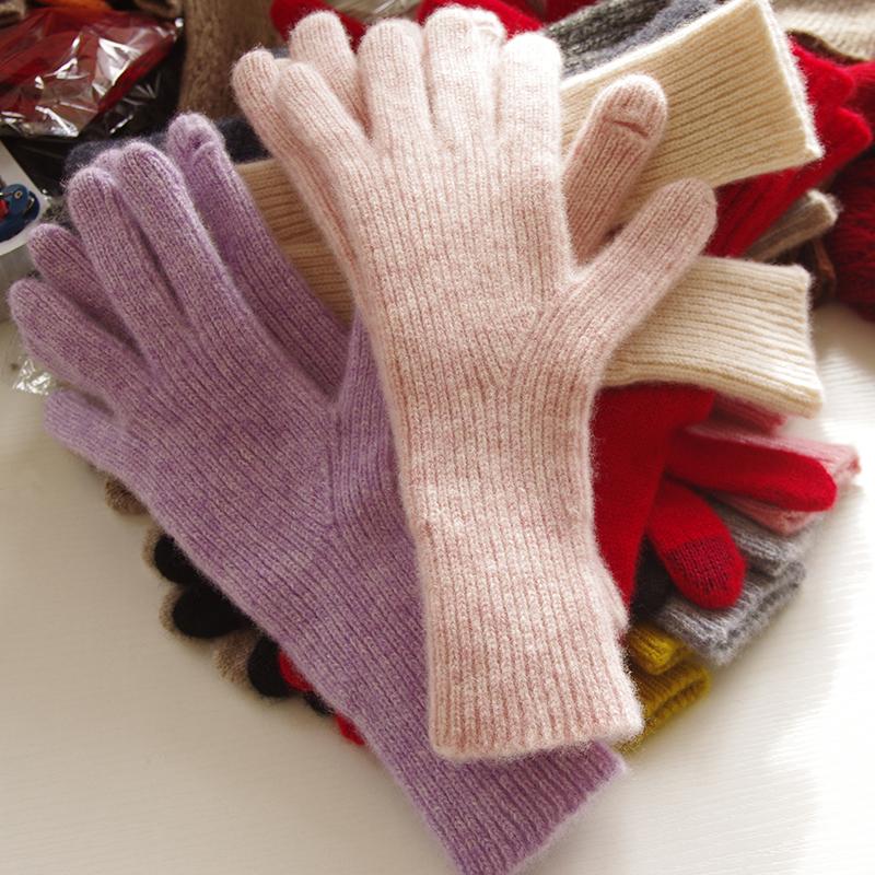 冬季新款手指开孔触屏露指全指羊绒中长款加厚保暖抽条女五指手套