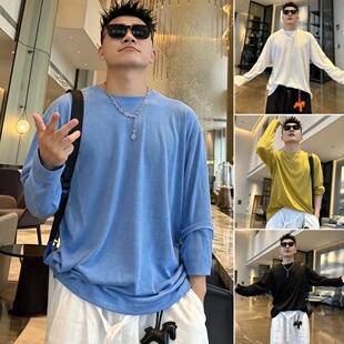 夏季薄款慵懒风圆领长袖T恤新款男款潮流时尚白色休闲透气打底衫