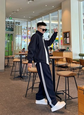 YULE语乐90251/2556美式撞色三条杠运动卫衣套装休闲立领外套裤子