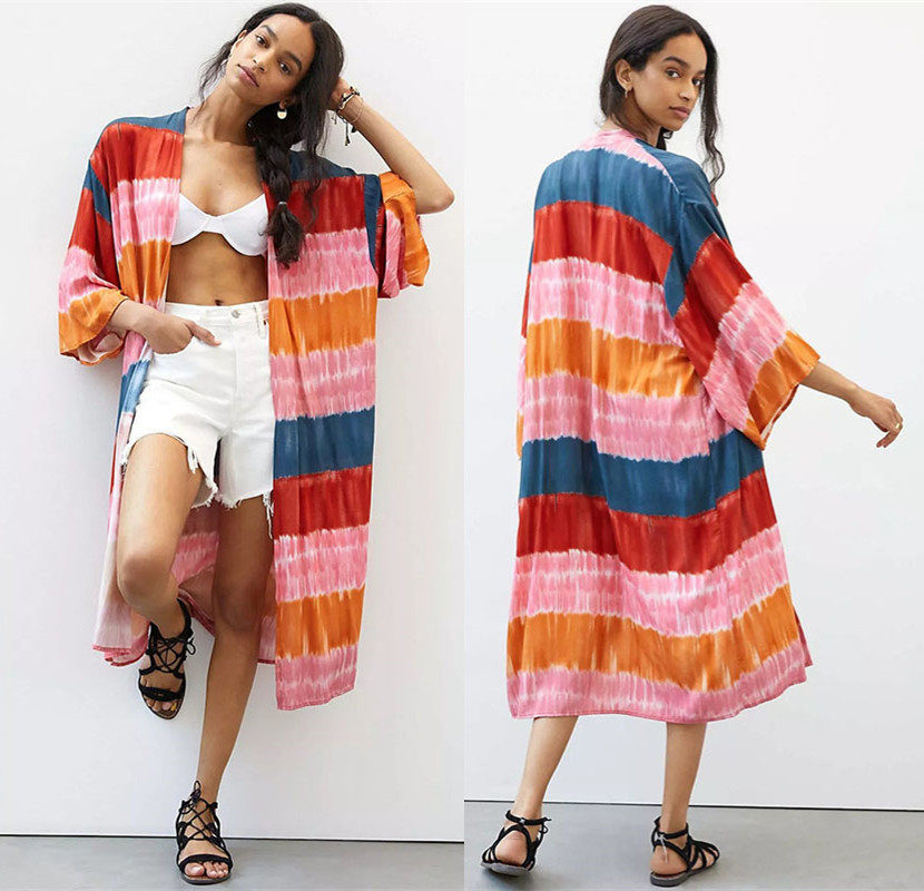 火凤凰-流欧美人棉印花沙滩罩衫水印彩虹条度假开衫衫比基尼泳衣