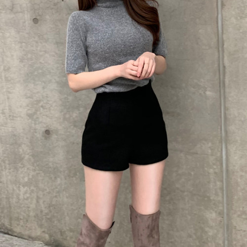 三分弹力紧身百搭风包臀毛呢短裤