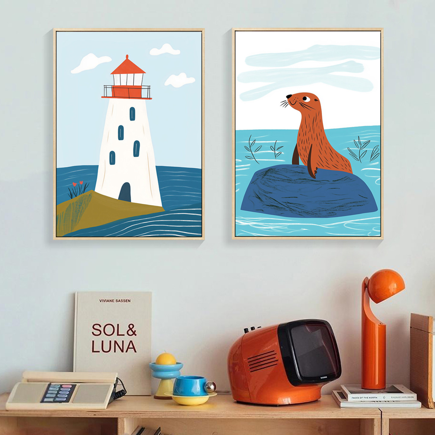北欧卡通灯塔海豹装饰画儿童房卧室背景墙客厅餐厅治愈系男孩壁画