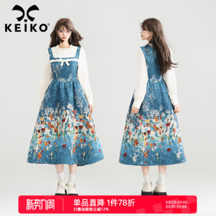 高级感碎花蓬蓬长裙海浪裙 油画风提花假两件连衣裙春季 KEIKO 法式
