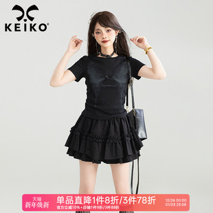 美式 短袖 复古蝶纹印花正肩t恤女25夏季 短款 上衣 甜辣妹修身 KEIKO