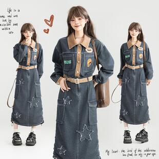 KEIKO [绣标] 工装复古风轻薄牛仔连衣裙秋季美式系带显瘦连身裙
