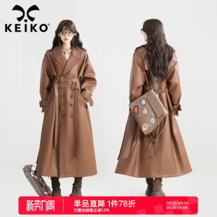 领系带长款 KEIKO 西装 皮衣大衣2026春季 风衣外套 高级感深棕色长款