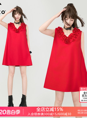 KEIKO 法式木耳花边V领无袖连衣裙26夏季显瘦红色A字礼服背心短裙