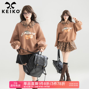 学院风加绒上衣 25秋季 豹纹短裙 复古减龄感polo领卫衣套装 KEIKO