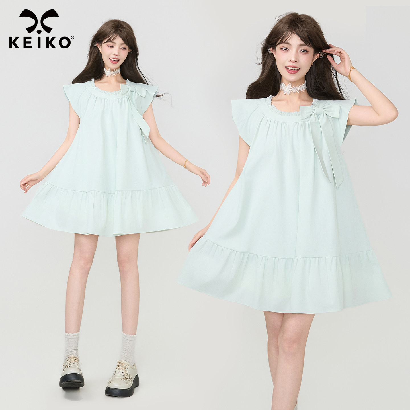 KEIKO可拆蝴蝶结小飞袖连衣裙图片