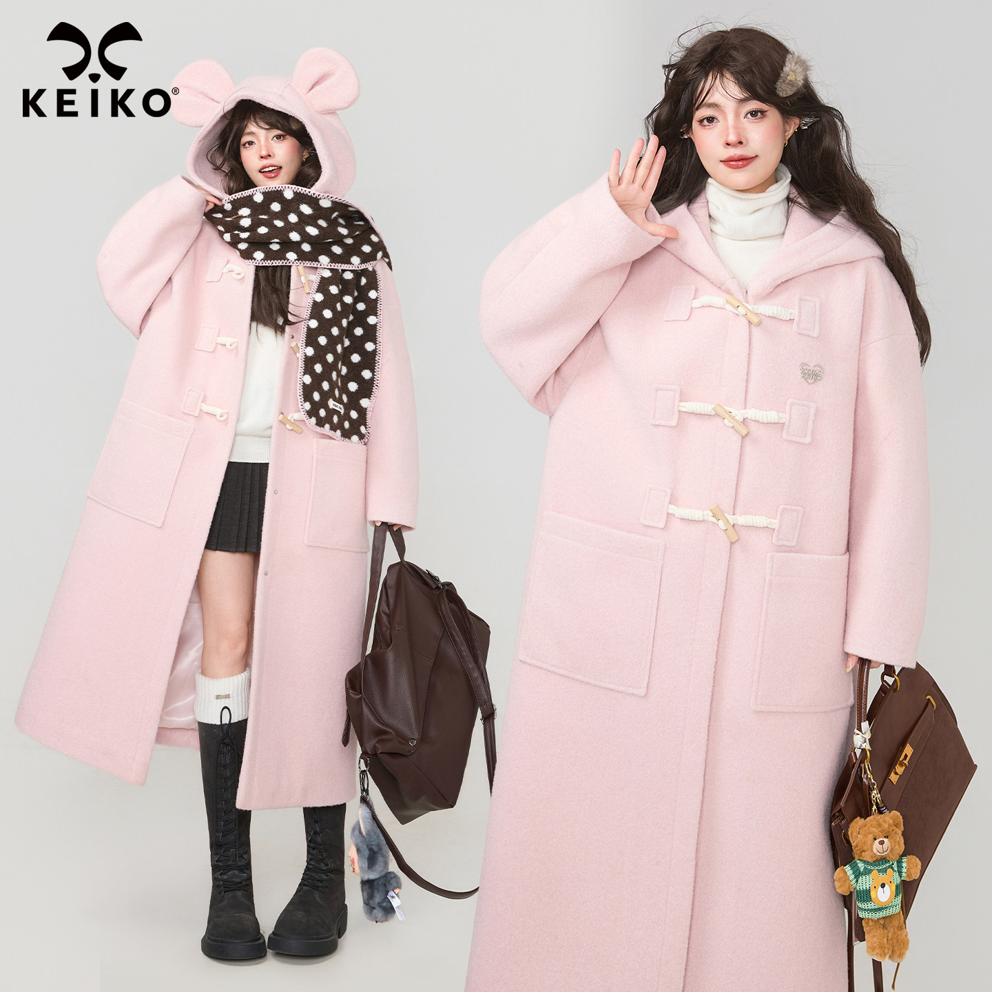 KEIKO 冬日初恋感粉色连帽长款毛呢大衣25新款气质牛角扣呢子外套,女装/女士精品,毛呢外套,淘宝优惠券,粉丝福利购,淘宝优惠卷