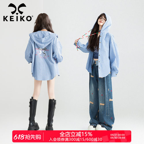 KEIKO美式复古蓝格子连帽衬衫