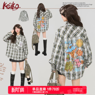 2026早春美式 KEIKO 衬衫 绿色格子长袖 涂鸦印花休闲上衣 赠领带