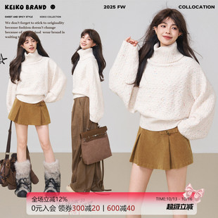 KEIKO 日系绞花彩点白色高领毛衣女冬季慵懒风灯笼袖加厚针织毛衫