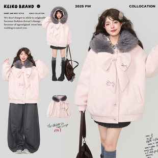KEIKO 甜系大毛领毛呢外套女冬季粉色可拆蝴蝶结夹棉短款棉服