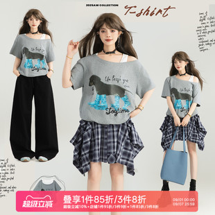 美式 t恤新款 假两件拼接宽松露肩上衣 小狗印花灰色斜肩短袖 KEIKO