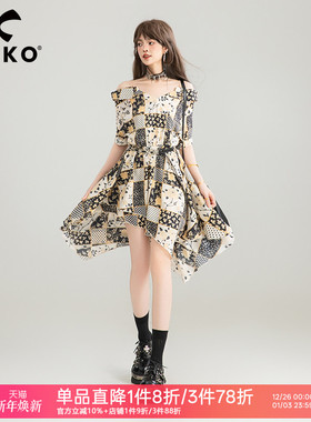 KEIKO 波西米亚吊带连衣裙夏季波嬉系不规则一字肩漂亮花格子裙子