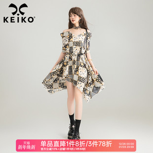 KEIKO 波嬉系不规则一字肩漂亮花格子裙子 波西米亚吊带连衣裙夏季