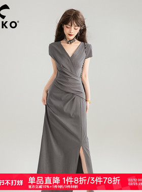 KEIKO 交叠V领灰色长款连衣裙夏季新款气质独特漂亮掐腰显瘦长裙