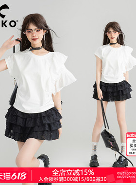 KEIKO不对称荷叶袖拼接白色t恤女25夏季小众设计棉质圆领短袖上衣