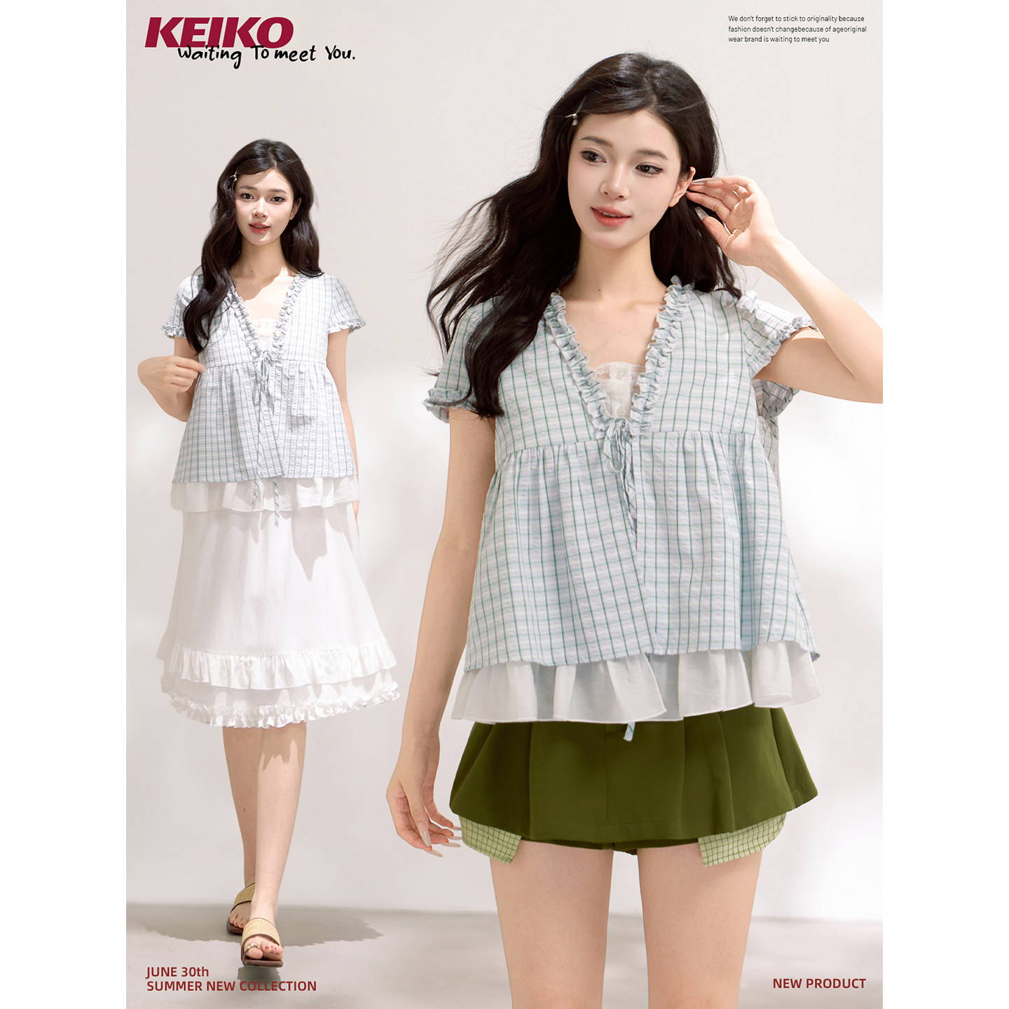 KEIKO清秀木耳边假两件格子衬衫图片