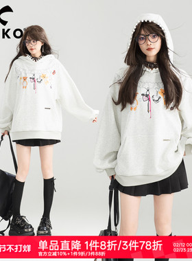 KEIKO 时髦印花灰色连帽卫衣女春季美式慵懒小众设计chic外套上衣