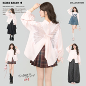 KEIKO 上衣 2026春夏蝴蝶结饰泡泡袖 轻淑风蝴蝶绣露背粉色长袖 衬衫