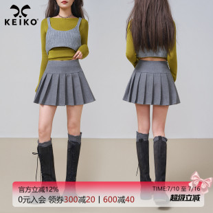 KEIKO 学院风灰色毛呢百褶半身裙秋季百搭小个子高腰显瘦A字短裙