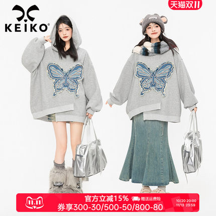 KEIKO 刺绣蝴蝶灰色不对称卫衣女秋季慵懒风连帽外套上衣