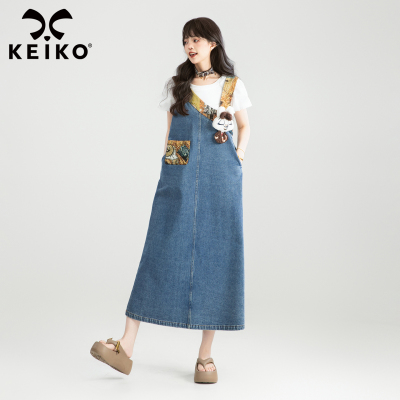 KEIKO设计感提花斜肩背带牛仔裙