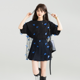 KEIKO 仙灵蝴蝶花薄纱拼接T恤女酷感慵懒宽松显瘦黑色短袖上衣