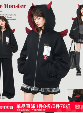 KEIKO 恶魔角连帽黑色加绒卫衣2026春季怪趣设计可拆卸小翅膀外套