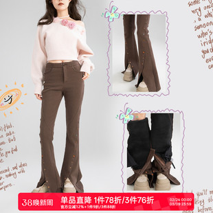 KEIKO 美式复古加绒喇叭裤女26早春高腰显瘦休闲微喇长裤牛仔裤子