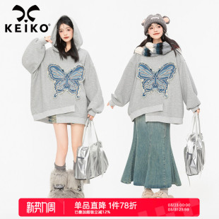 KEIKO 慵懒风oversize连帽外套上衣 刺绣蝴蝶灰色卫衣女2026春季